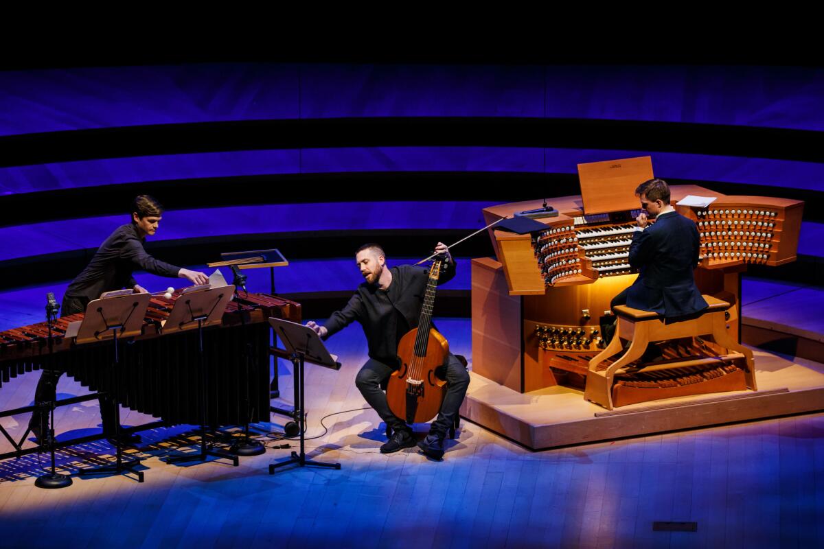 Chris Thompson on marimba, Liam Byrne on viola da gamba and organist James McVinnie perform Nico Muhly's "Slow Twitchy Organs" at Walt Disney Concert Hall.