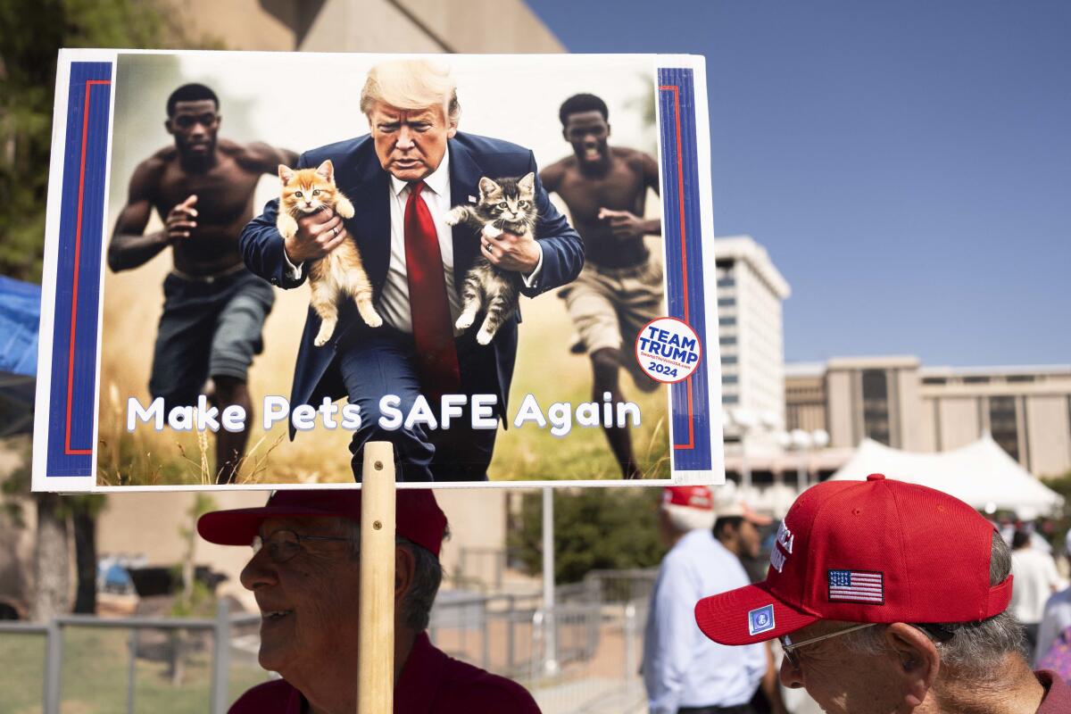 A man carries an AI-generated image of former President Trump carrying cats away from Haitian immigrants.