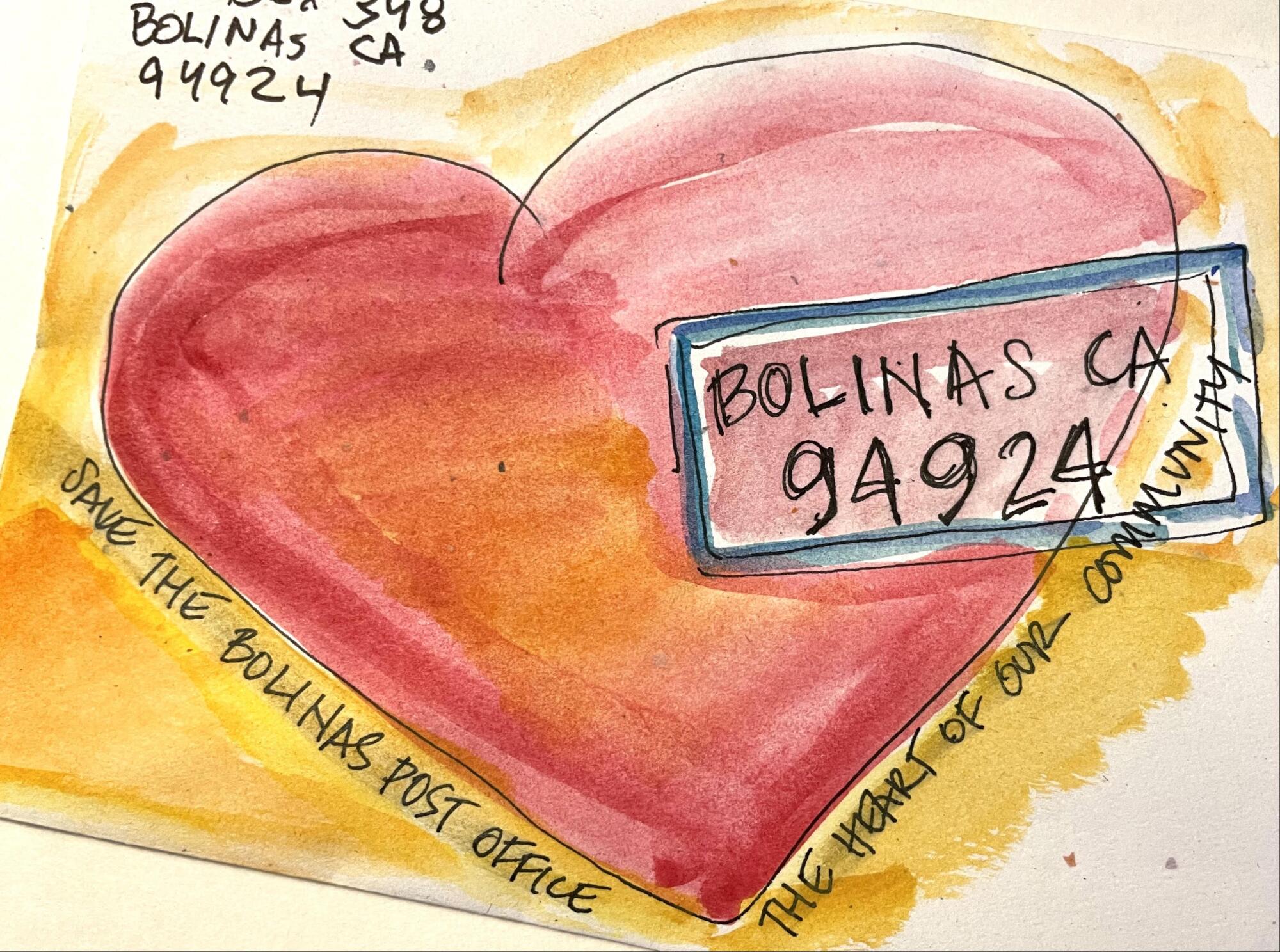 Um envelope colorido com um grande coração vermelho pede aos Correios dos EUA que salvem os correios de Bolinas.