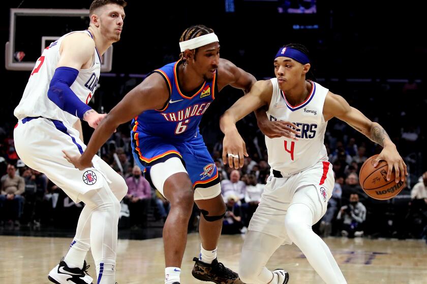 LOS ANGELES, CA;IF. - APRIL 10, 202. Clippers guard Brandon Boston Jr. drives to the basket.