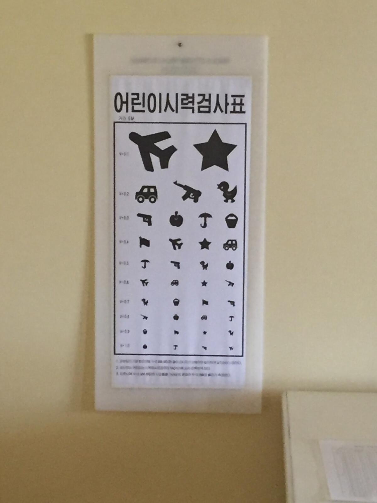 An eye chart at the nursery school includes rifles and pistols. (Julie Makinen / Los Angeles Times)