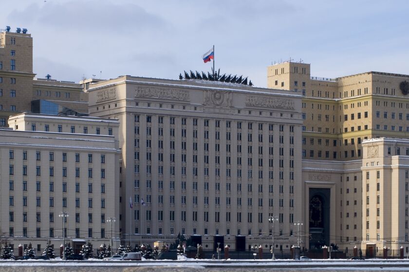 FILE - A view of the building of Russian Defense Ministry is seen in Moscow, Russia, on Feb. 14, 2018. Russia's Defense Ministry said Tuesday, March 28, 2023, Moscow has test-fired anti-ship missiles in the Sea of Japan. (AP Photo/Alexander Zemlianichenko, File)