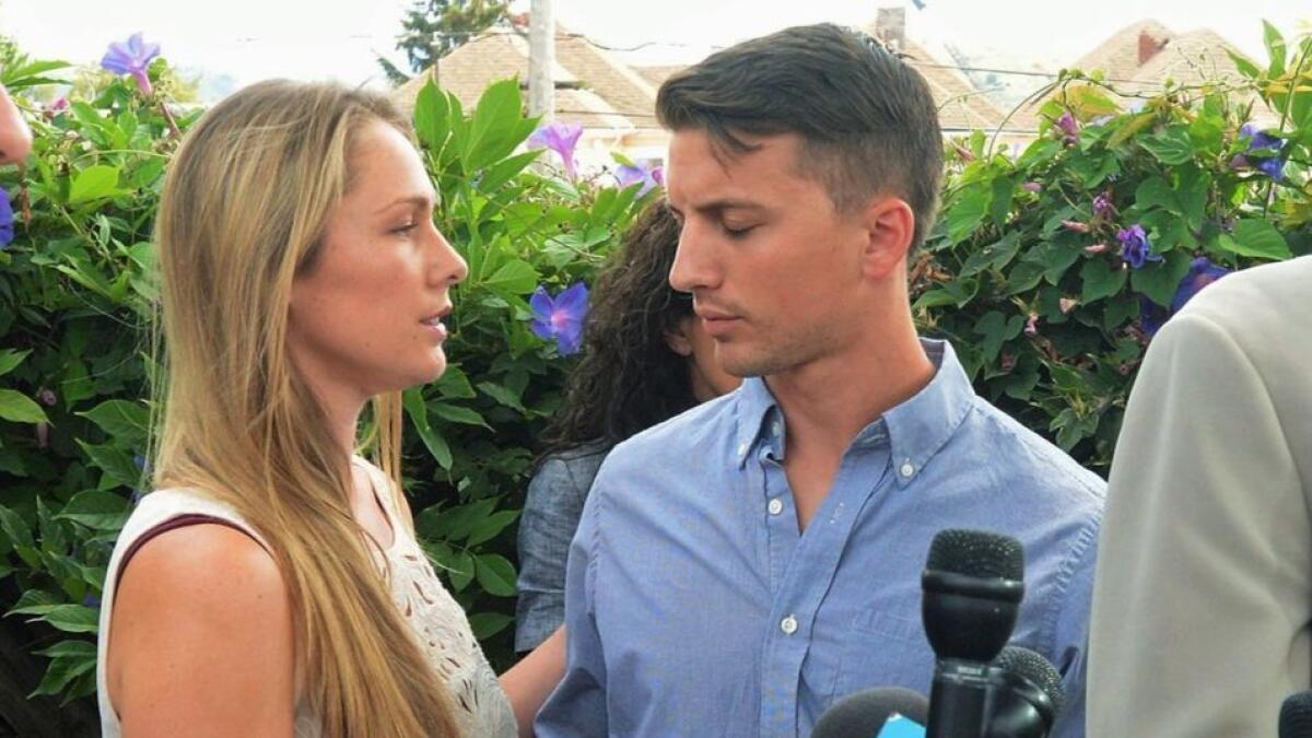 Denise Huskins and Aaron Quinn appear at a news conference in Vallejo on July 13, 2015. The couple has reached a settlement in a lawsuit against the city and its police department.
