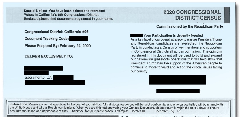 The Republican National Committee is sending mailers to people across the country that look like the official 2020 census form.