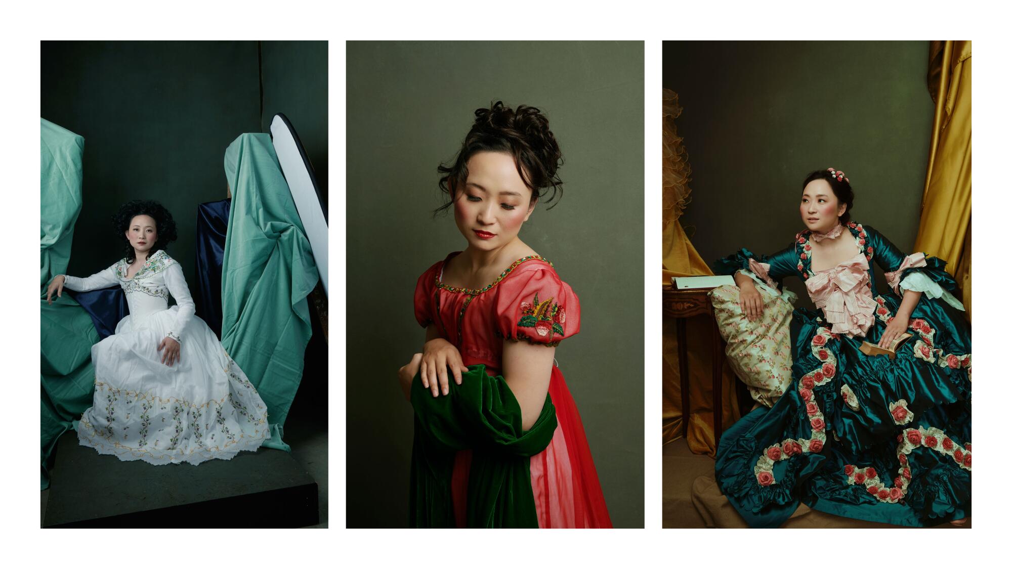 Three female models wear gowns inspired by 18th century portraits in photographs by Christina Millar.