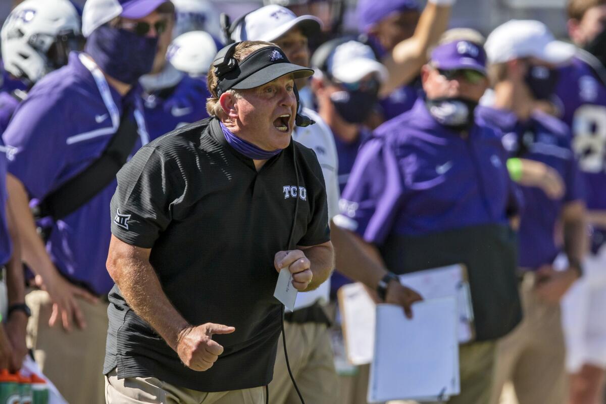 FILE- In this Sept. 26, 2020, file photo, TCU head coach Gary Patterson shouts instructions to his players during an NCAA college football game against Iowa State in Fort Worth, Texas. TCU plays their season opener Saturday night against FCS team Duquesne. (AP Photo/Brandon Wade, File)