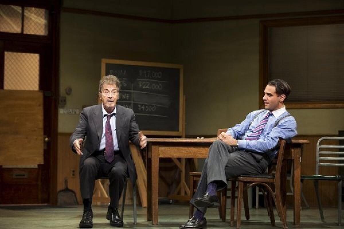 Al Pacino, left, and Bobby Cannavale in a scene from the revival of David Mamet's "Glengarry Glen Ross" at the Gerald Schoenfeld Theatre in New York.