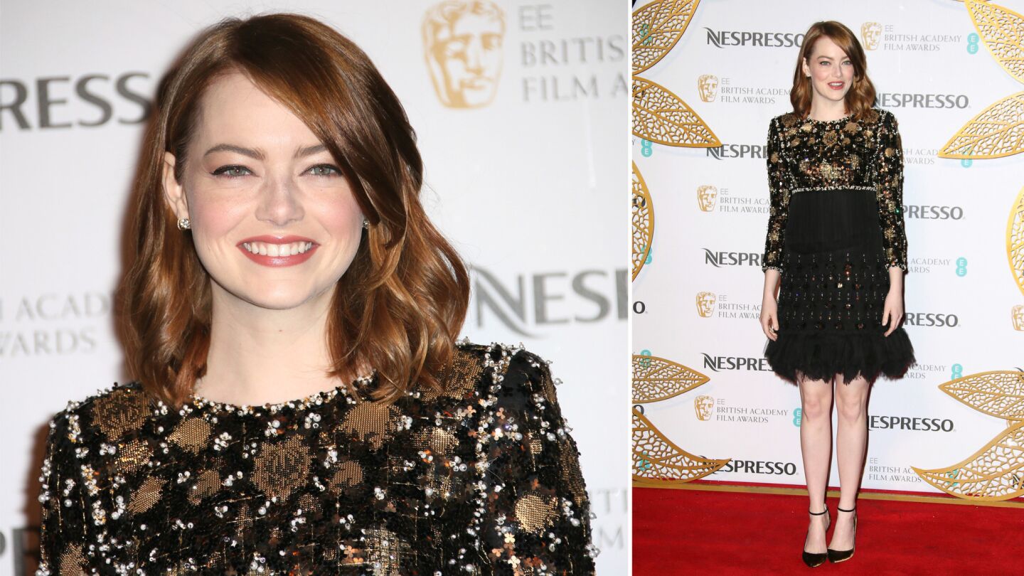 Emma Stone arrives at the British Academy Film Awards Nominees Party at Kensington Palace in London on Feb. 11, 2017.