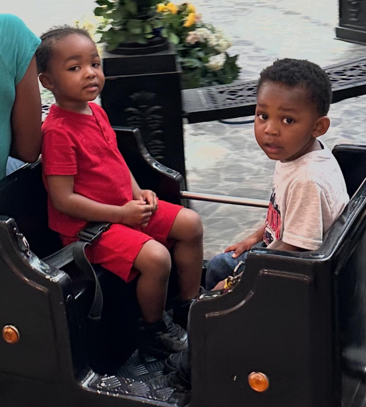 A boy in a red shirt and shorts, left, sits across from another boy in a white shirt on a ride at the mall.