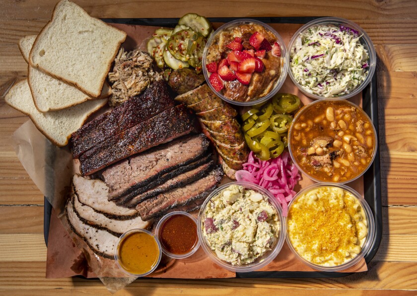 A sampling of meats and sides from Moo's Craft Barbecue.