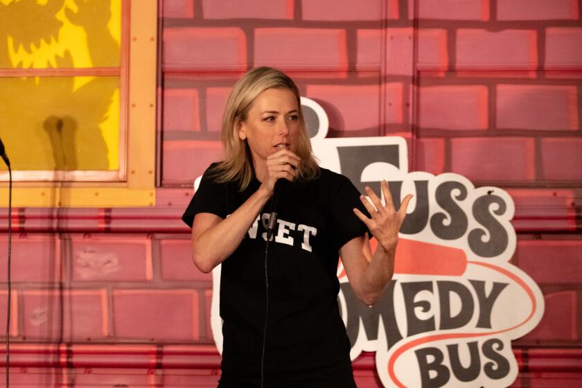 Headliner Iliza Shlesinger on stage at the Pro Roe Show at The No Fuss Comedy Buss on Saturday