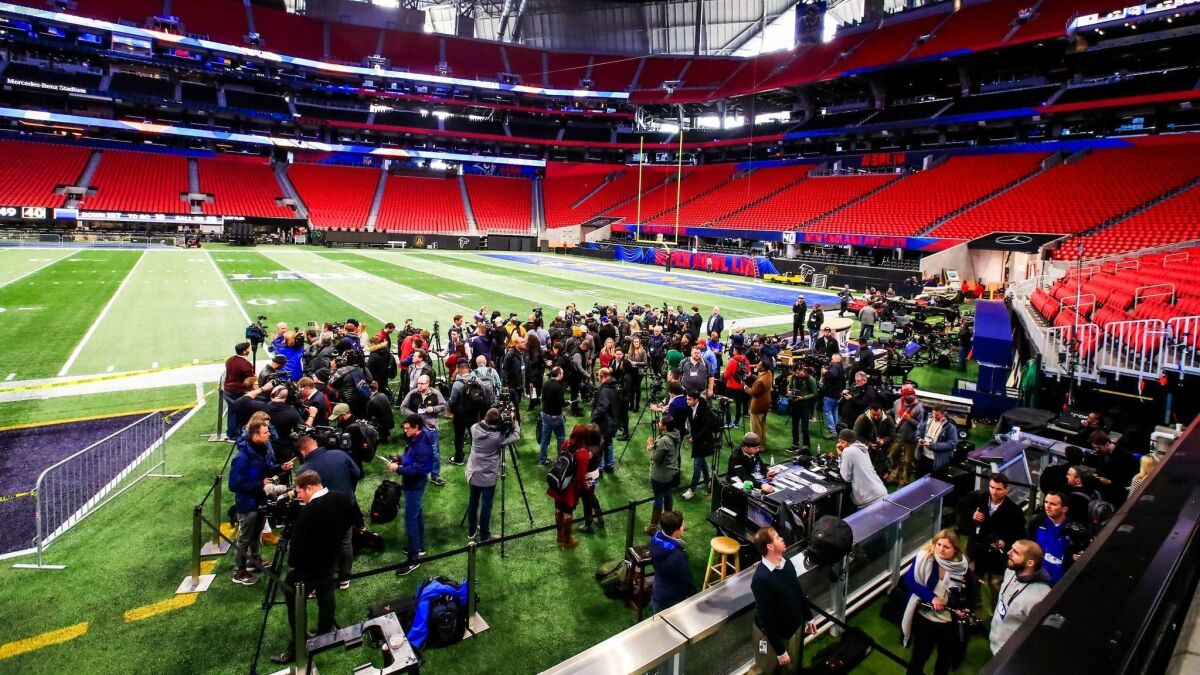 The media view Mercedes-Benz Stadium in Atlanta on Tuesday amid Super Bowl LIII preparations.