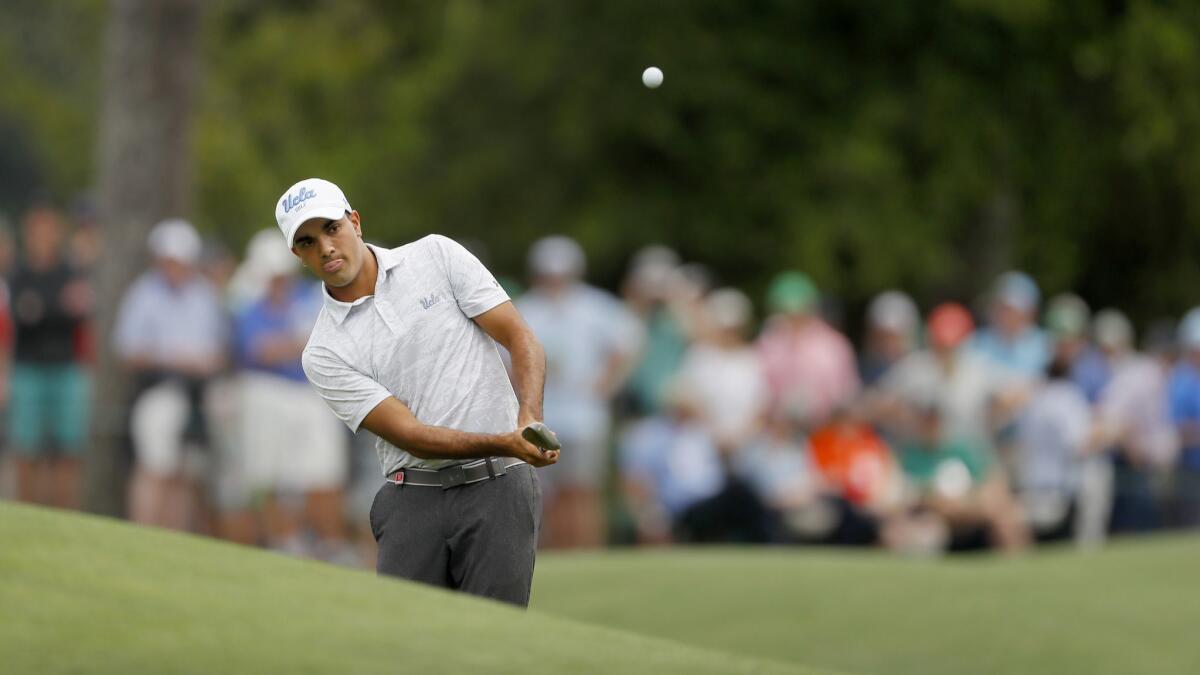 Amateur Devon Bling plays a shot during a practice round for the Masters at Augusta National on Monday.
