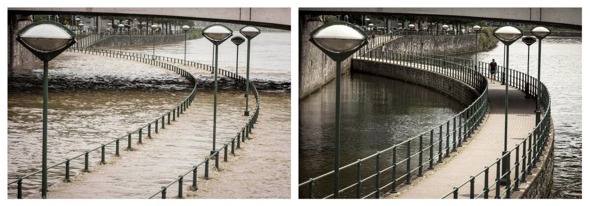 Light posts line a pathway of the Meuse river as it rises during flooding in Liege, Belgium, July 15, 2021, left, and the same location nearly one year later, Wednesday, July 6, 2022 . Catastrophic flooding in several provinces of Belgium struck after torrential rains fell beginning on July 14, 2021. (AP Photo/Valentin Bianchi)