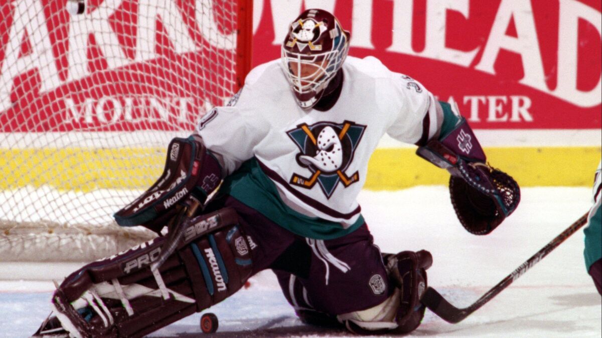 Ducks goalie Guy Hebert shutout the Chicago Blackhawks at the Arrowhead Pond of Anaheim Nov. 29, 1996.