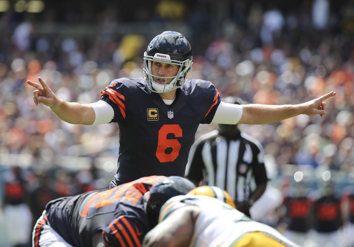 Jay Cutler during the first half of a game against the Green Bay Packers.
