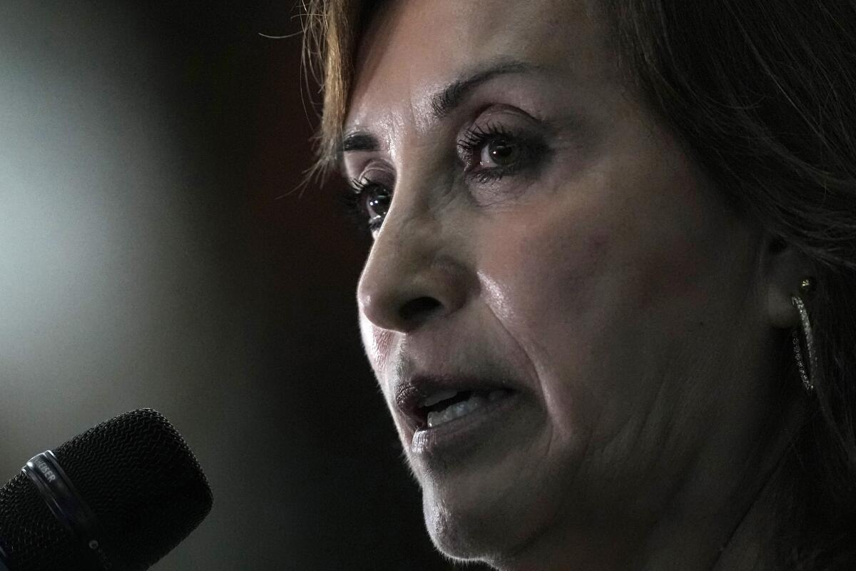Peruvian President Dina Boluarte speaks into a microphone.