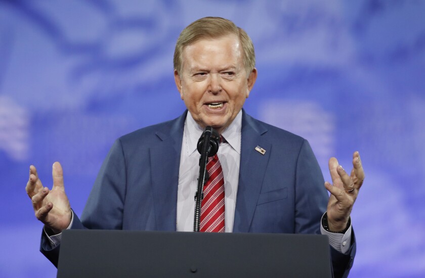 FILE - Lou Dobbs, with Fox News, speaks at the Conservative Political Action Conference (CPAC), on Feb. 24, 2017, in Oxon Hill, Md. Fox Business Network’s “Lou Dobbs Tonight” has been canceled. In a statement Friday, Feb. 5, 2021, Fox News said the move was part of routine programming changes that it had foreshadowed last fall. (AP Photo/Alex Brandon, File)