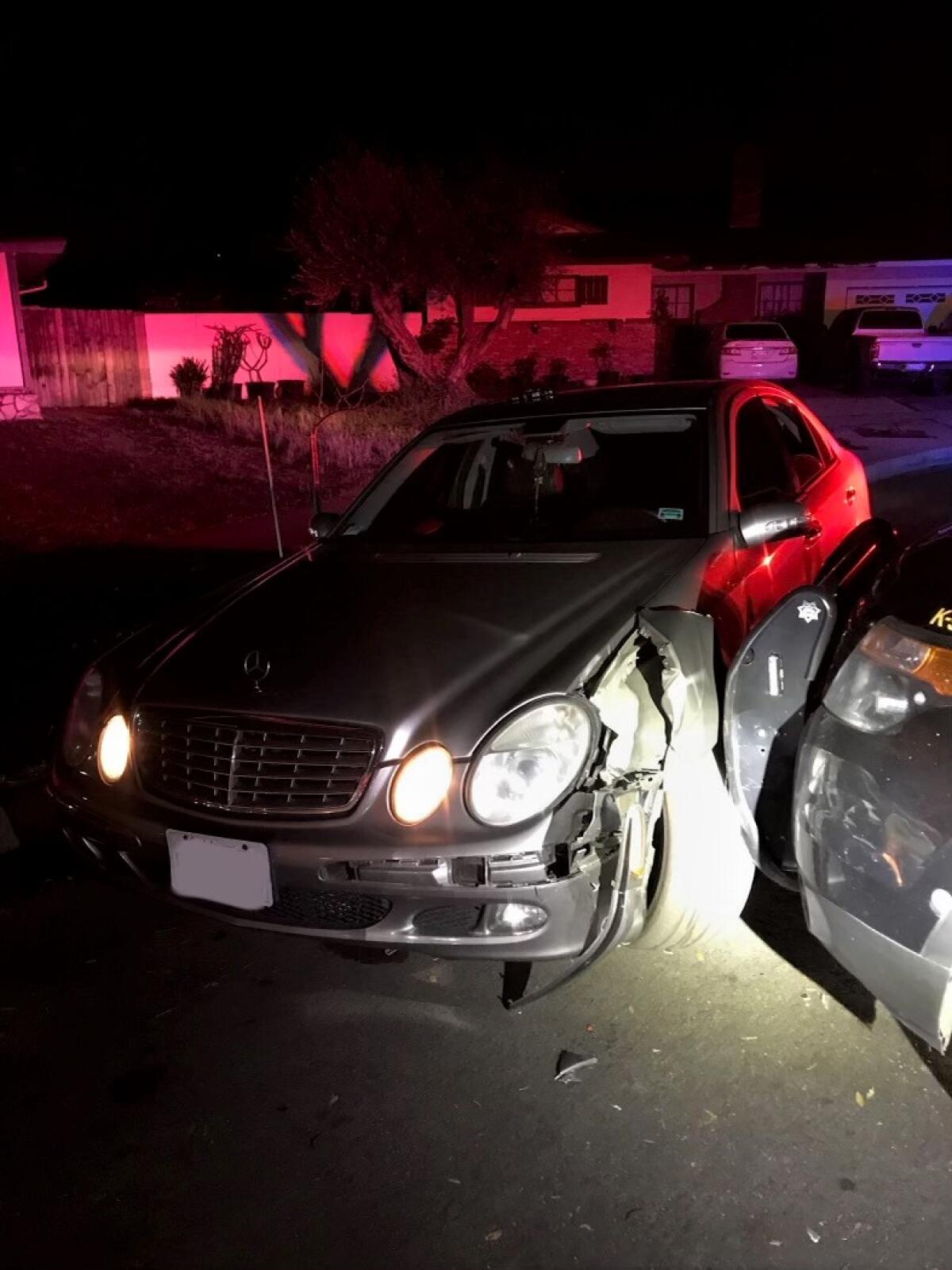 A Mercedes collided with sheriff's deputies during a Jan. 4 incident that led to the arrest of theft suspects.