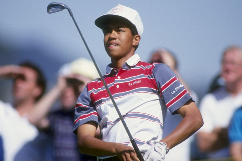 Tiger Woods watches his shot during the 1992 Los Angeles Open at the Riviera Country Club.