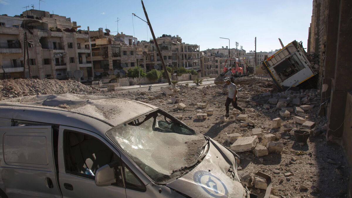 An airstrike leaves destruction in the rebel-held Ansari district of Aleppo, Syria, on Sept. 23.