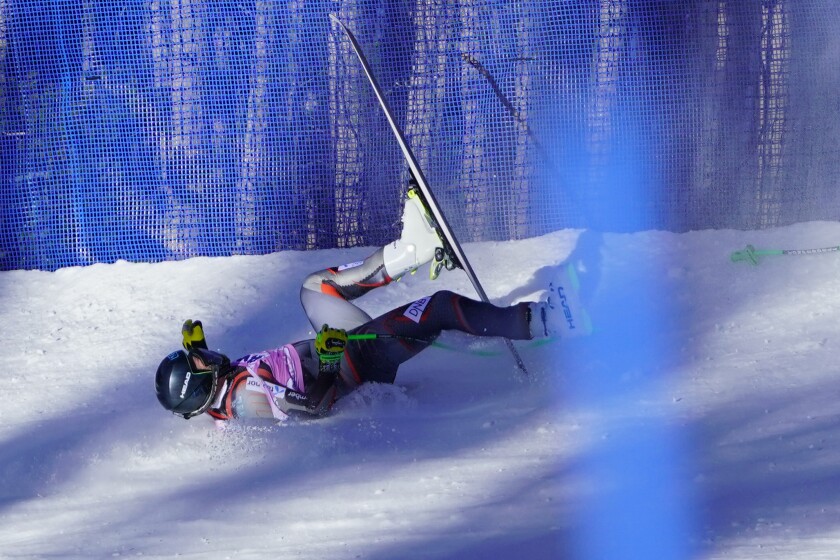 Norway's Kjetil Jansrud crashes during a men's World Cup super-G skiing race Friday, Dec. 3, 2021, in Beaver Creek, Colo. (AP Photo/Robert F. Bukaty)
