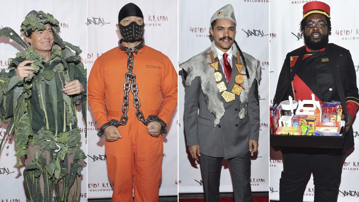 Kyle MacLachlan, left, Ice-T, Trevor Noah and Questlove arrive at Heidi Klum's Halloween party. (Evan Agostini / Associated Press, far left and second to left; Neilson Barnard / Getty Images, far right and second from right)