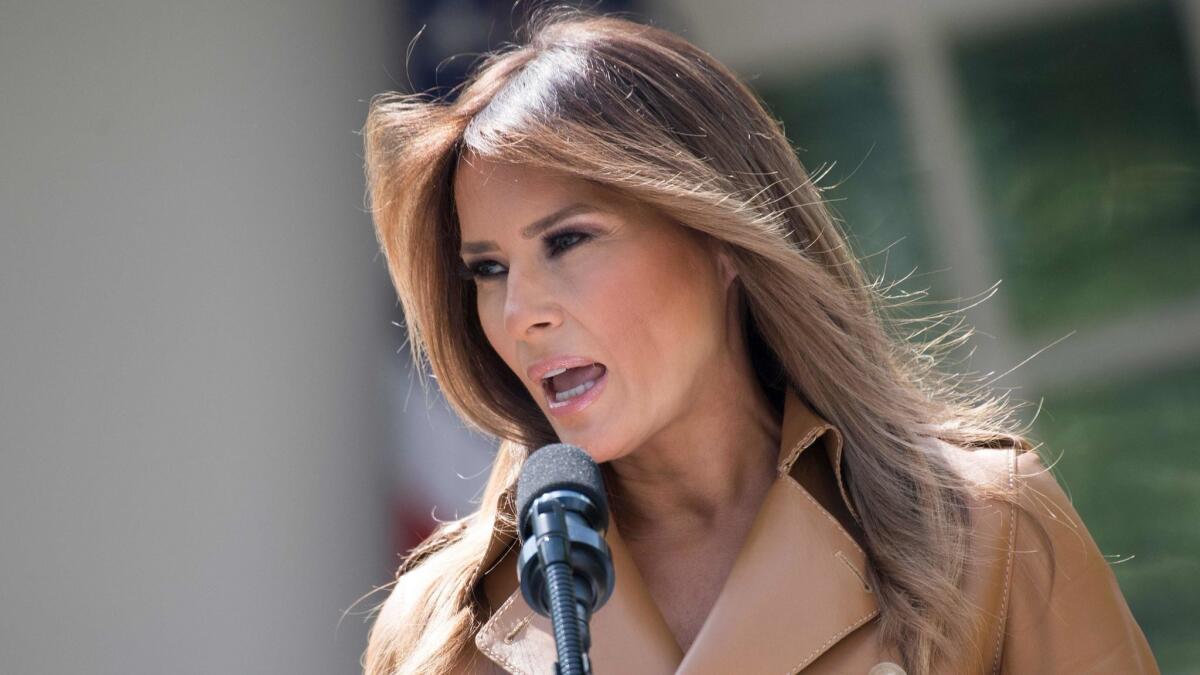 Melania Trump speaks in the Rose Garden of the White House on May 7.