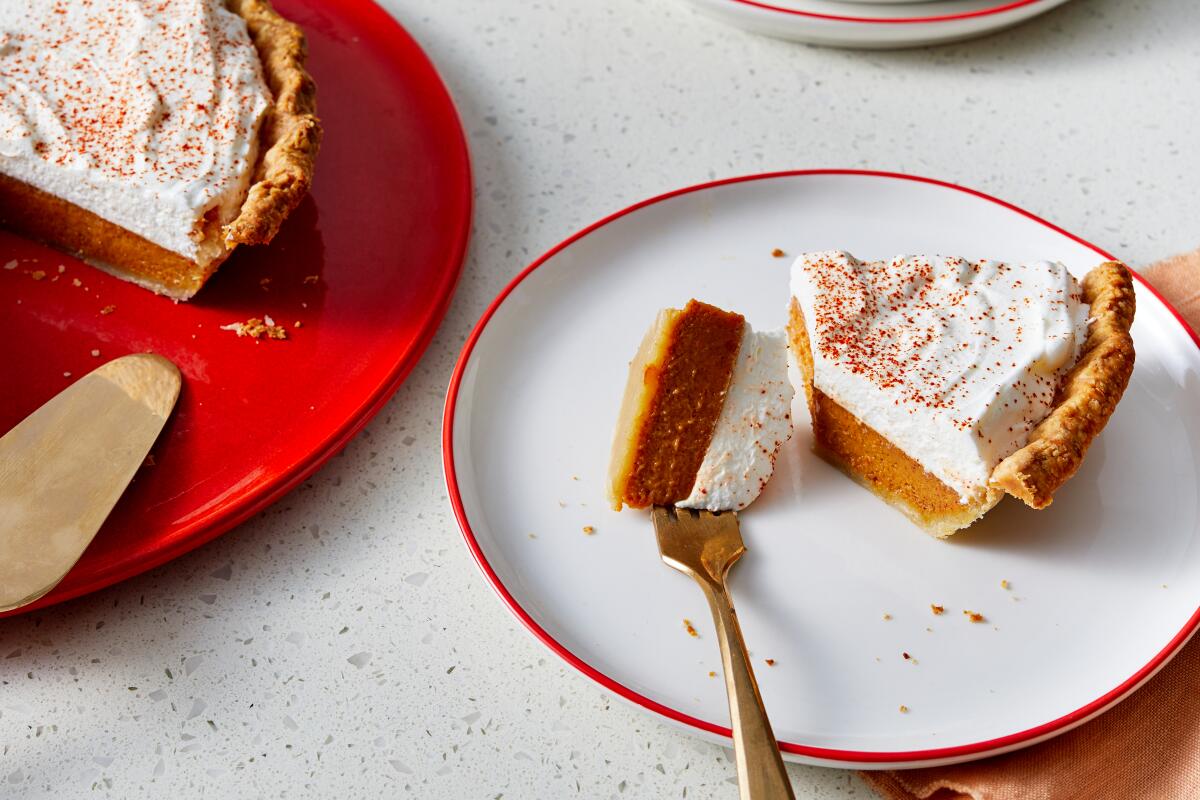 Cayenne adds spice and an oddly refreshing quality to traditional pumpkin pie, here balanced with an equal portion of rich whipped cream. Prop styling by Samantha Margherita.