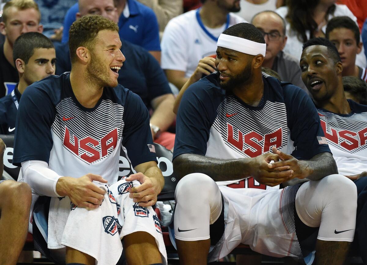 Blake Griffin jokes with DeMarcus Cousins during a USA Basketball showcase Thursday in Las Vegas.