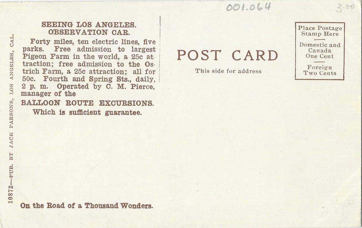 The back of a postcard that depicts the California Alligator Farm on the front explains how people can see the many amusements around Los Angeles traveling by rail.