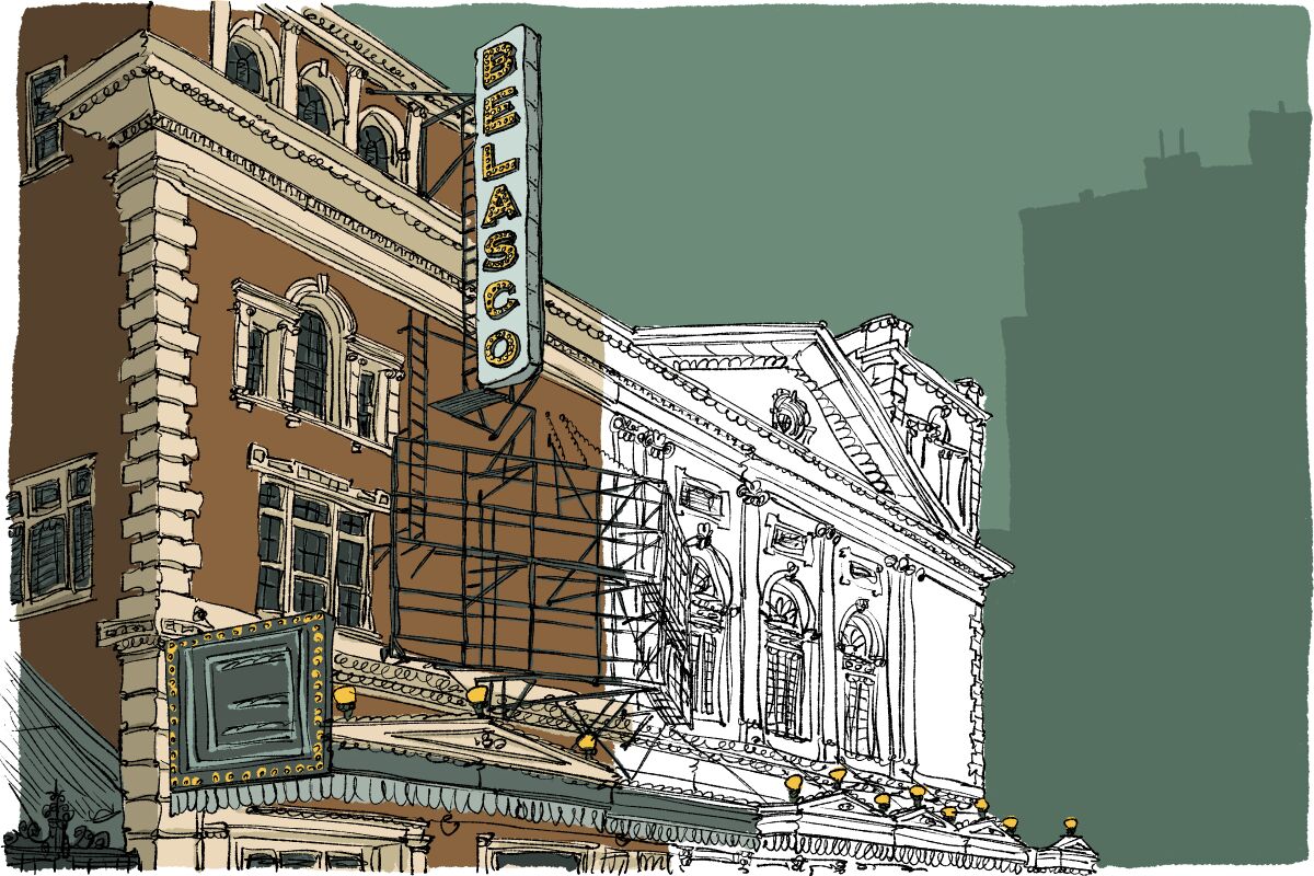 Illustration of a two story brick building with a vertical sign that reads "Belasco."
