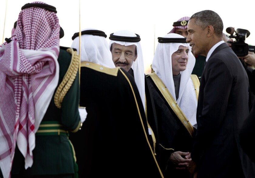 President Obama is greeted by new Saudi King Salman bin Abdul Aziz in Riyadh in Janury. The Saudi king skipped this week's summit at Camp David of U.S. and allied Arab leaders.