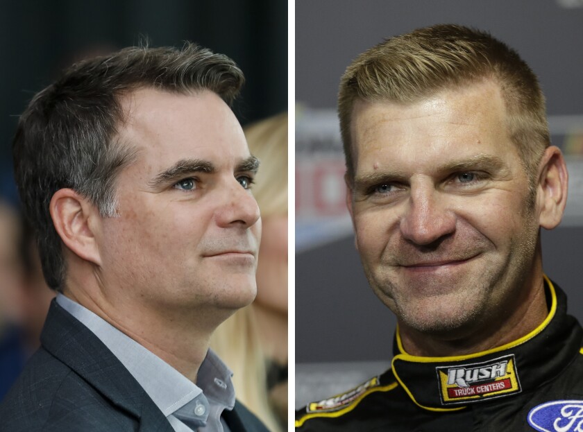 FILE - At left is a 2019 file photo showing Jeff Gordon. At right is a 2020 file photo showing Clint Bowyer. Nearly nine years after the four-time champion and the funniest guy in the garage were involved in one of the most infamous on-track paybacks in NASCAR history, the former rivals are now good friends and eager to share the Fox broadcast booth in 2021. (AP Photo/File)