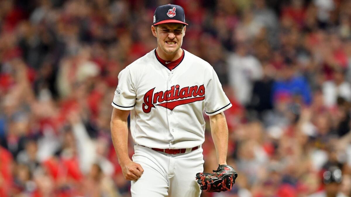Cleveland pitcher Trevor Bauer celebrates after retiring the side against the New York Yankees on Oct. 5, 2017.