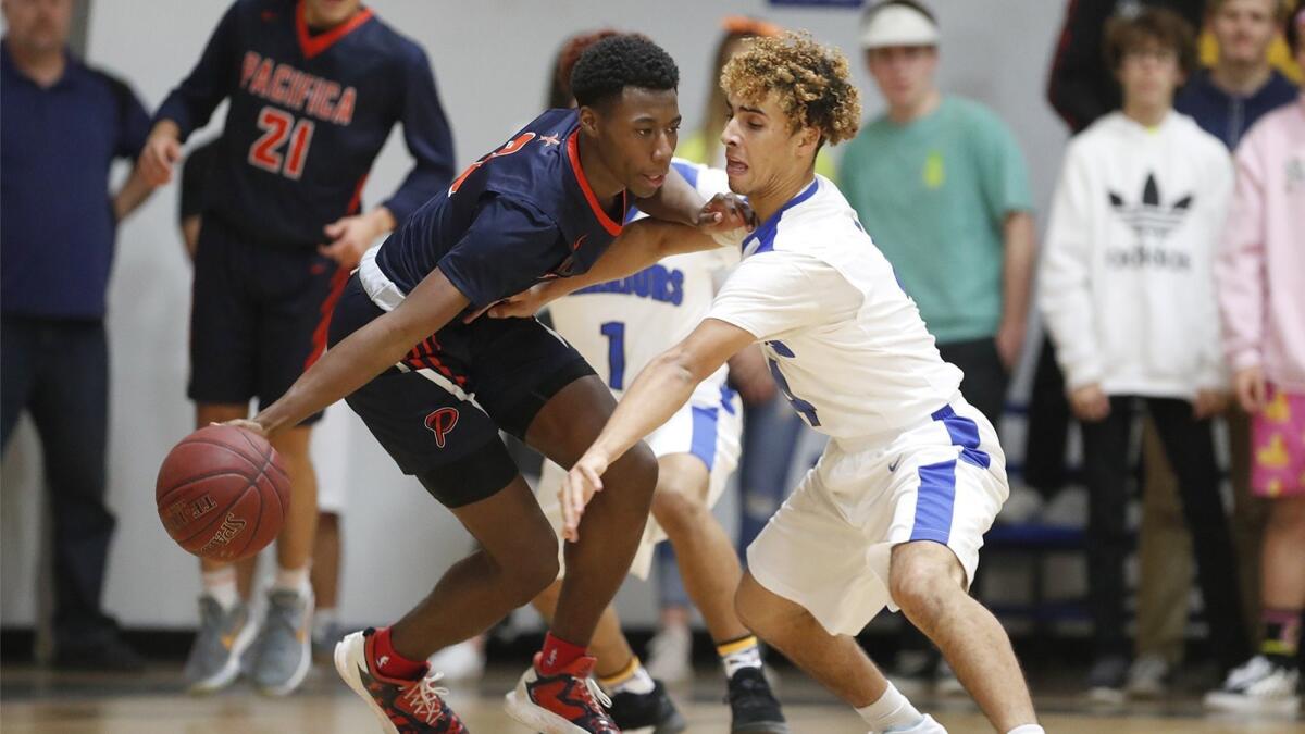 Dominick Harris, left, averaged 24.5 points, 5.7 rebounds, 2.7 assists and 1.5 steals per game at Pacifica Orange County High during the 2017-18 season.