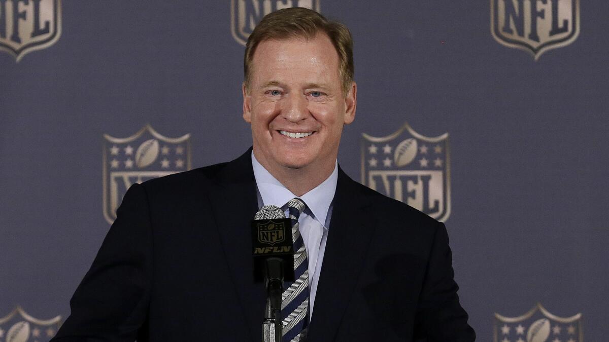 NFL Commissioner Roger Goodell speaks to reporters during the NFL owners' meetings in San Francisco on May 20, 2015.