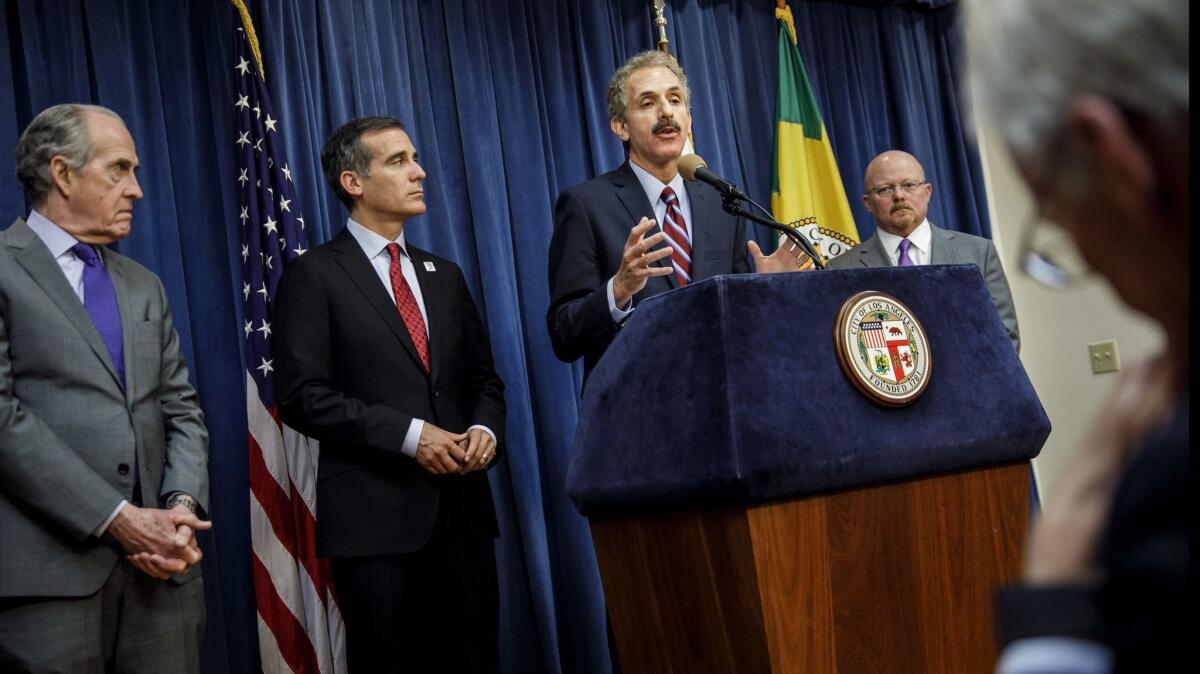 City Atty. Mike Feuer announces a civil lawsuit Thursday against six leading opioid drug manufacturers and three wholesale distributors alleging "fraudulent and negligent business practices."