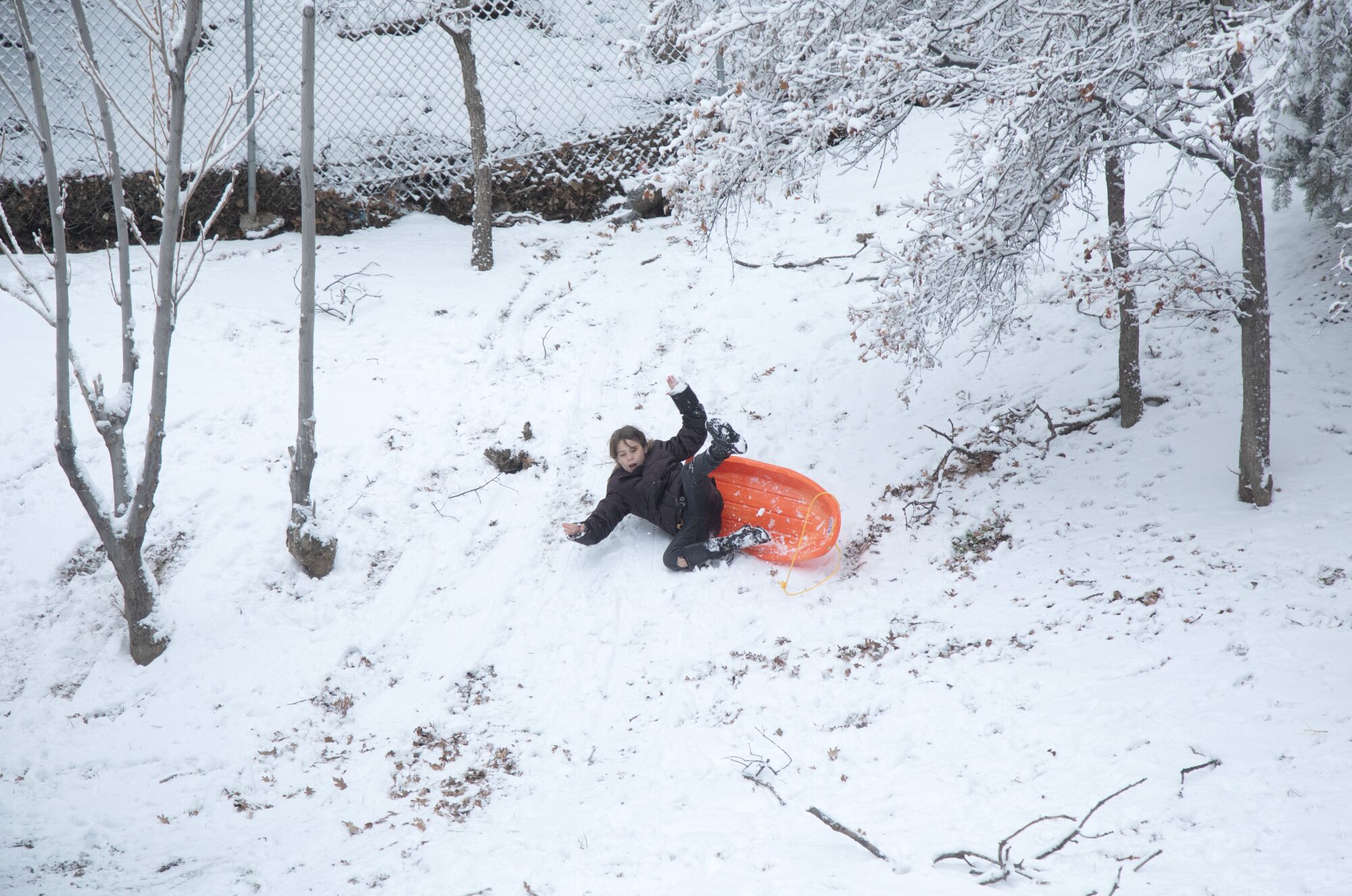 Hailey Long, 8, falls while sledding down a small hill at her home in Frazier Park.