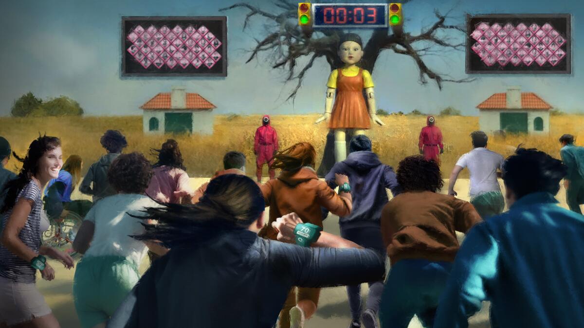 로스앤젤레스에 찾아오는 몰입형 경험인 Squid Game: The Trials의 빨간색 빛과 녹색 빛을 예술적으로 렌더링한 작품입니다.