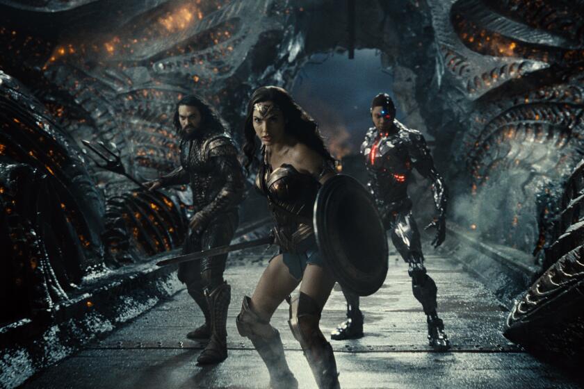 Jason Momoa, Gal Gadot and Ray Fisher in the movie "Zack Snyder's Justice League."