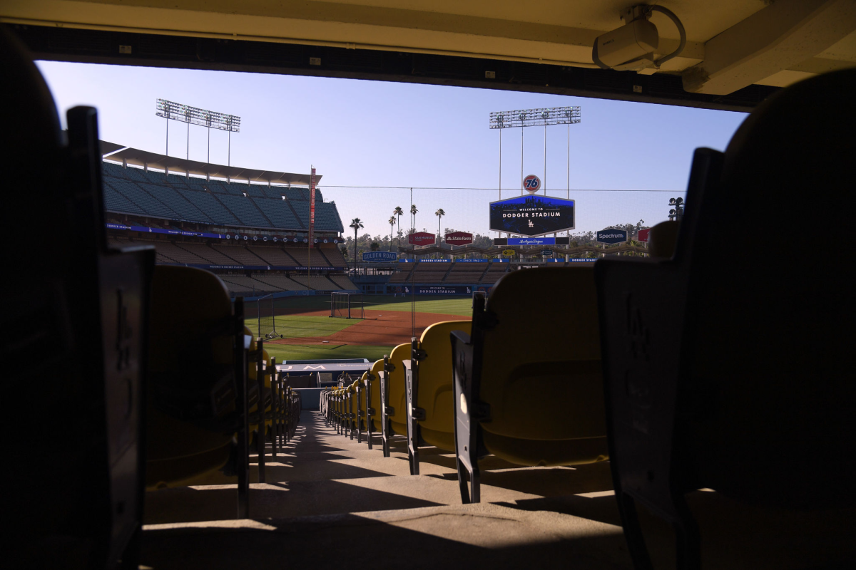 General view of the field and empty seats at Dodger Stadium.