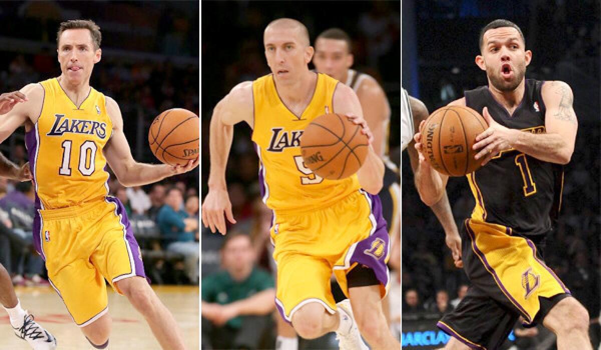 Injured point guards Steve Nash, left, Steve Blake, center, and Jordan Farmar have returned to practiced Thursday for the Lakers and could make a return to the court as soon as Tuesday.