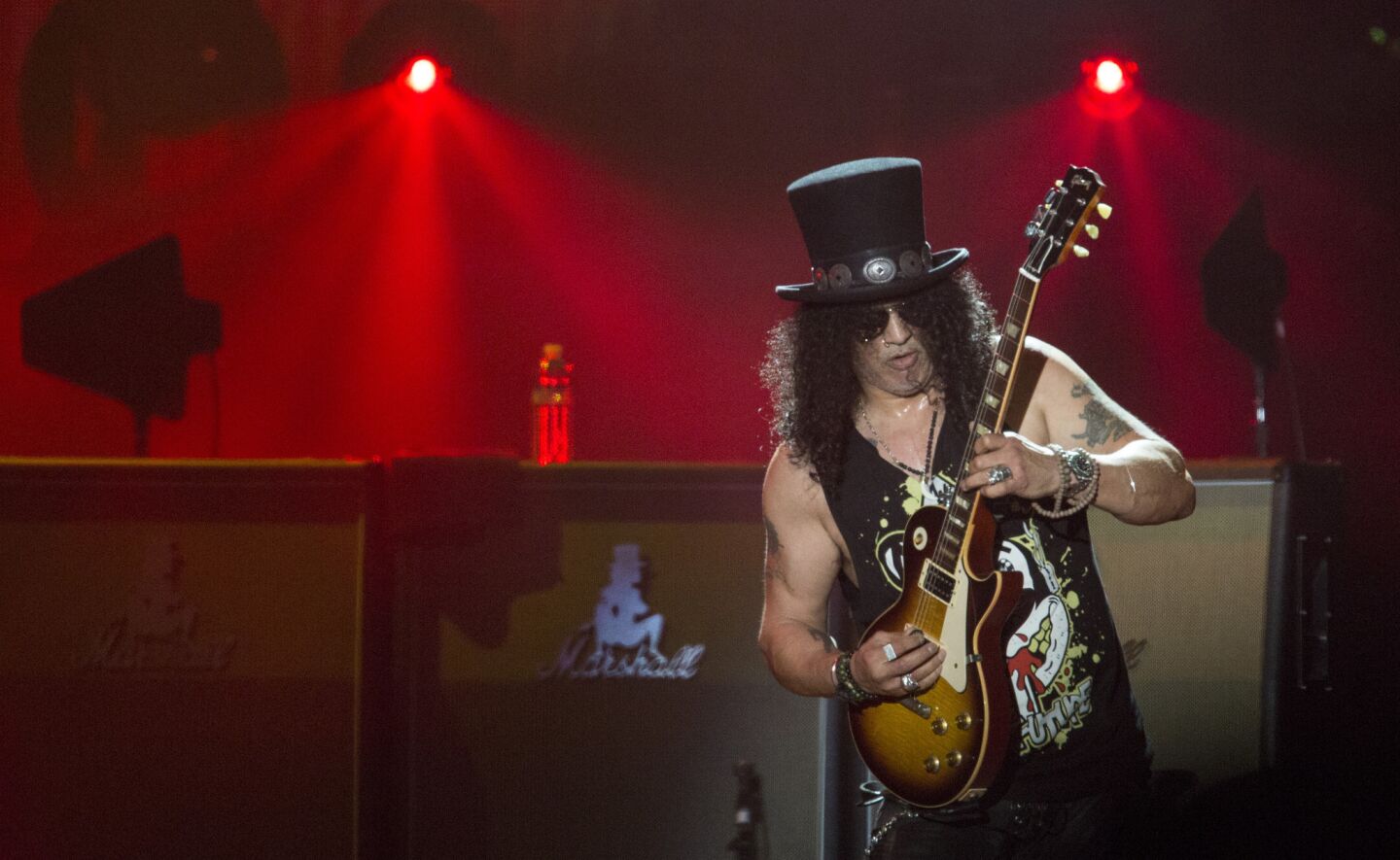 Guns N' Roses' Slash onstage at the Coachella Valley Music and Arts Festival.
