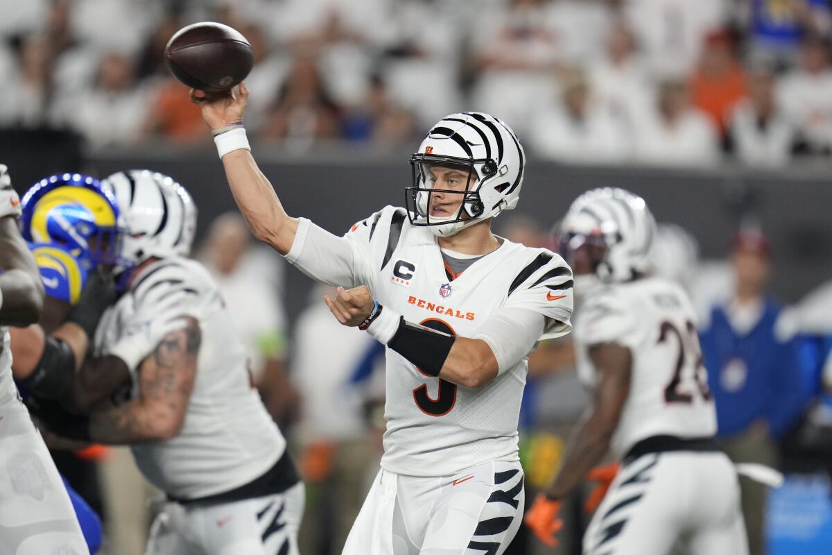 Cincinnati Bengals quarterback Joe Burrow throws during the first quarter Monday.