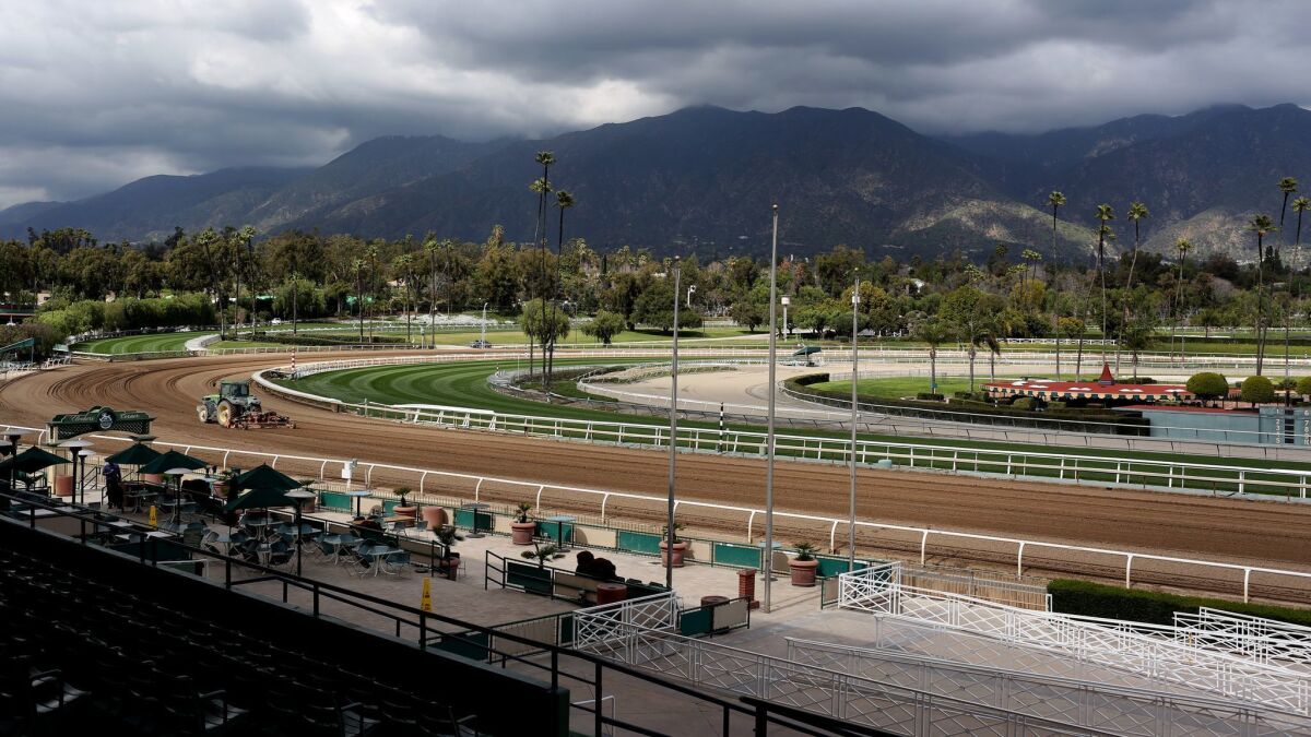 Santa Anita's track with the scenic San Gabriel Mountains in the background.