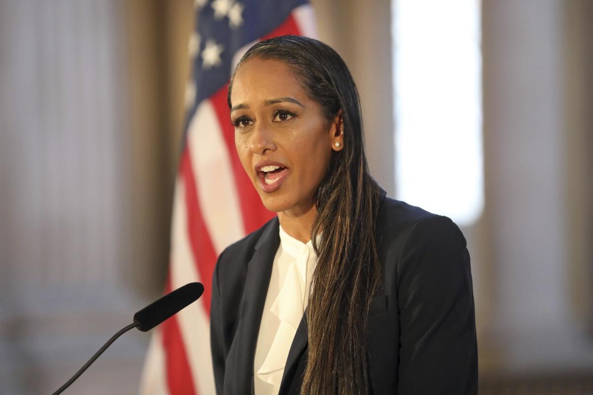 Brooke Jenkins addresses a news conference