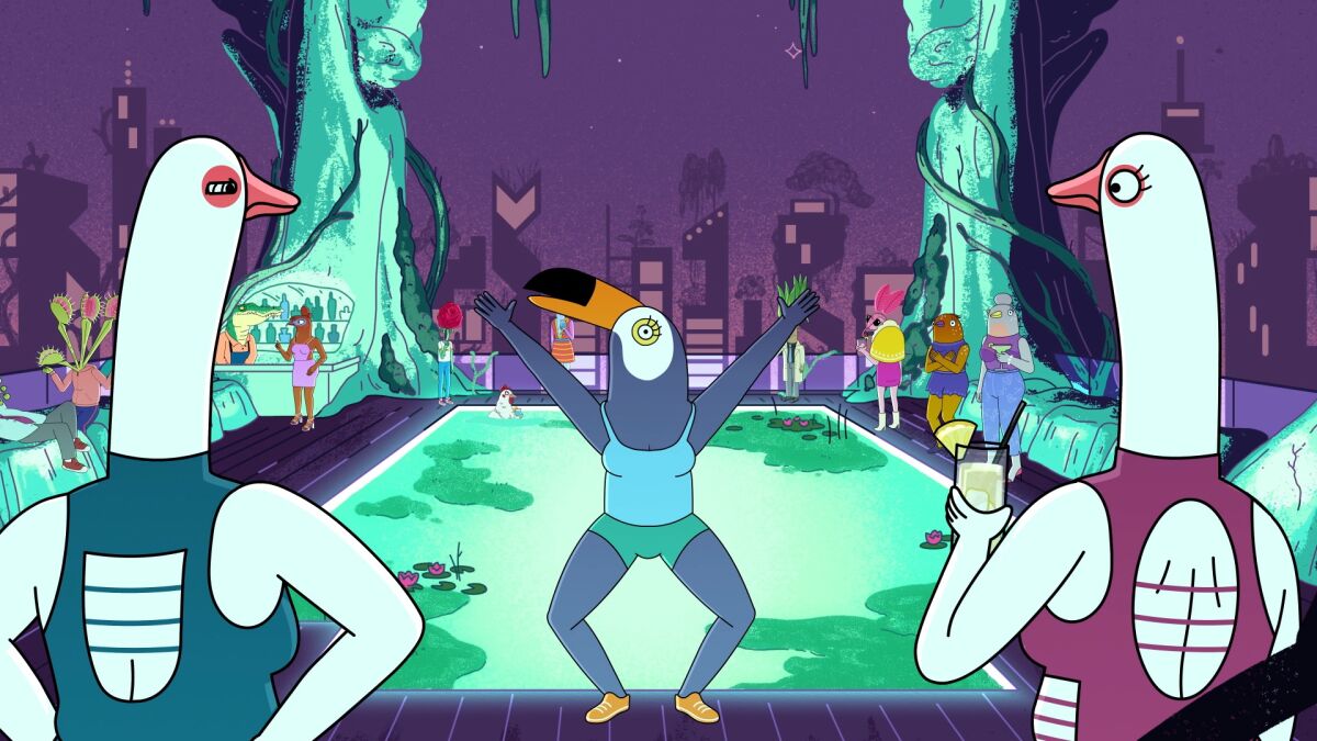 An anthropomorphic toucan dancing by the edge of a pool as two disapproving birds look on