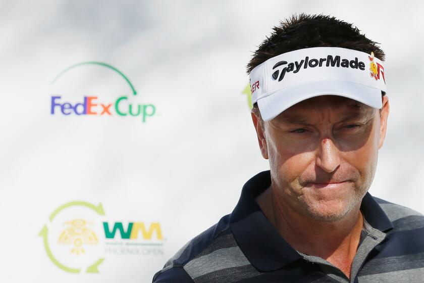 Robert Allenby of Australia speaks with the media during a Jan 27 practice round before the start of the Waste Management Phoenix Open at TPC Scottsdale.