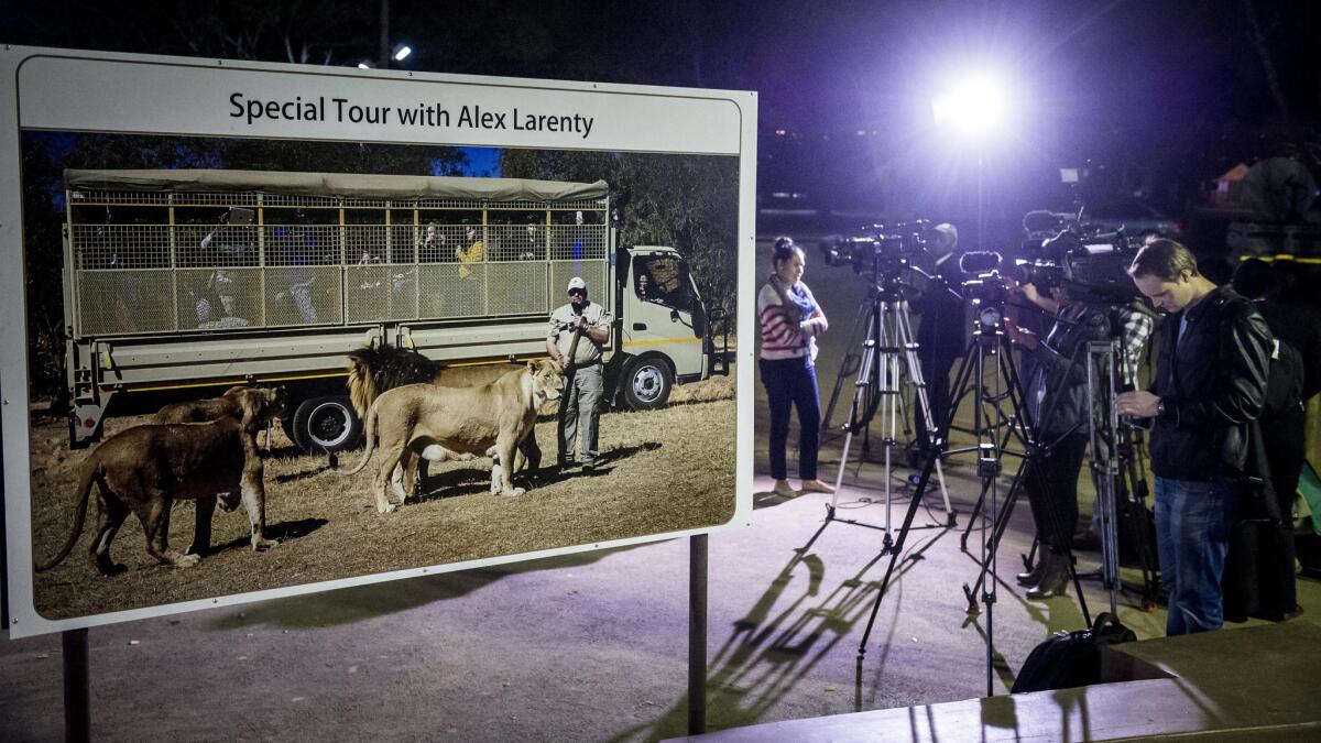 Media members gather at the entrance to Lion Park in South Africa awaiting details of a fatal lion attack on an American tourist on June 1.